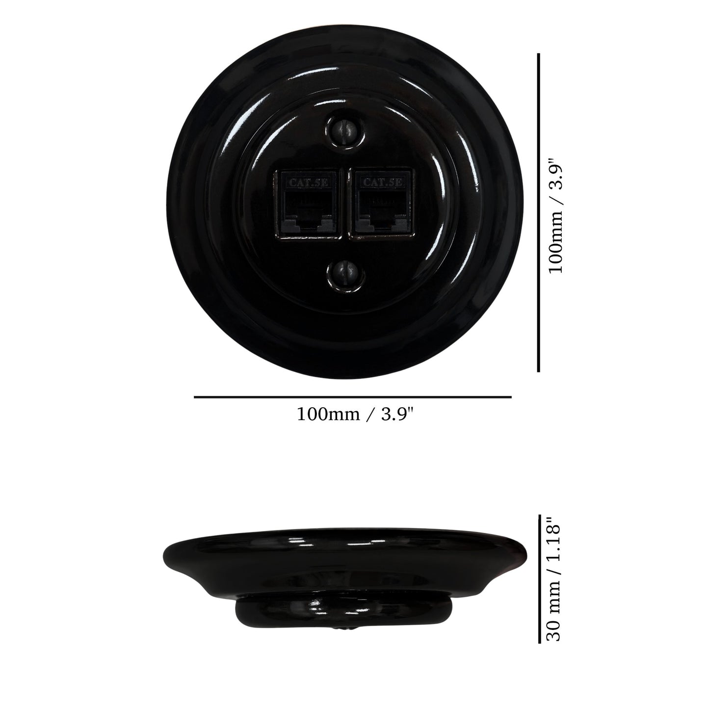 Black porcelain RJ45 Ethernet socket, flush-mounted, measurements