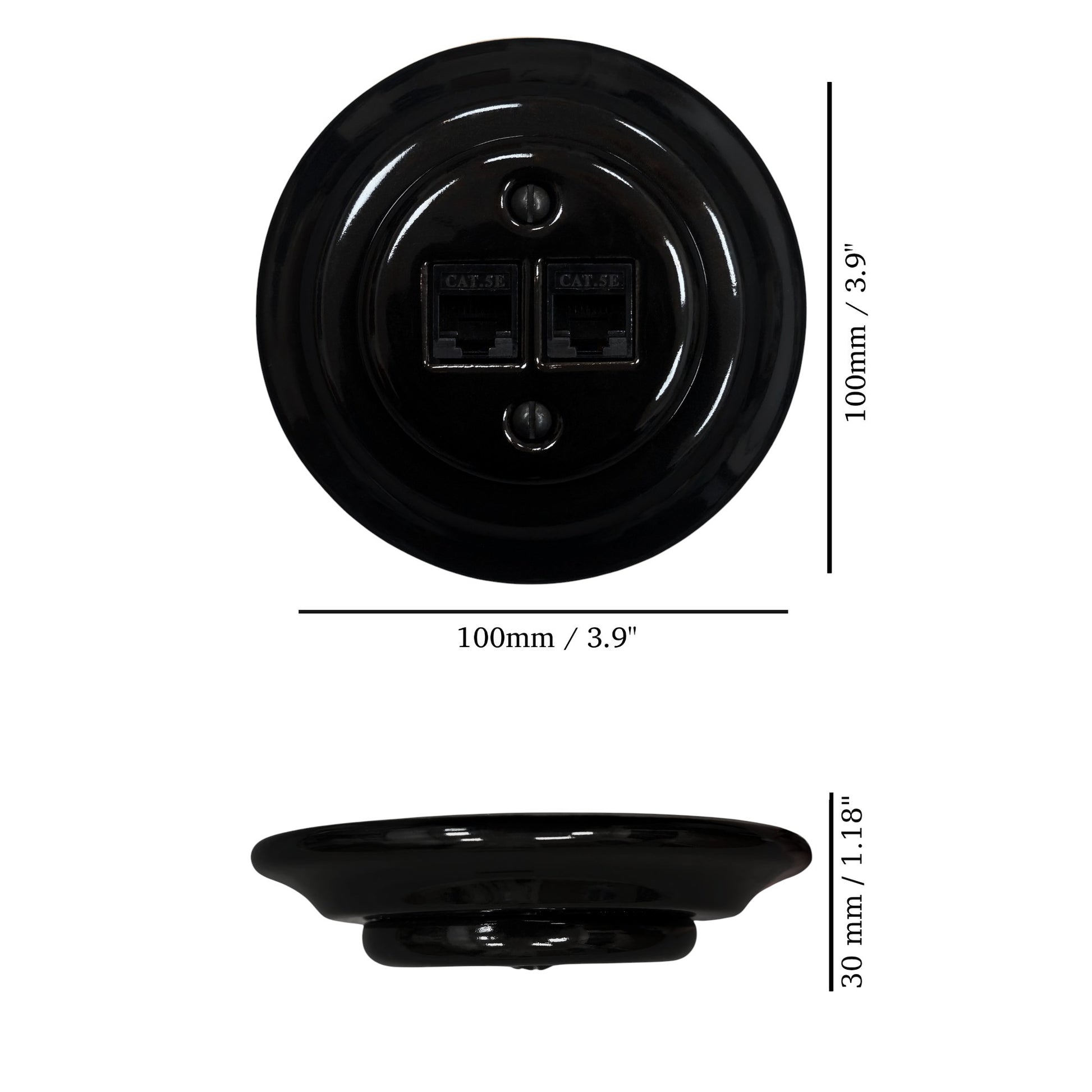 Black porcelain RJ45 Ethernet socket, flush-mounted, measurements