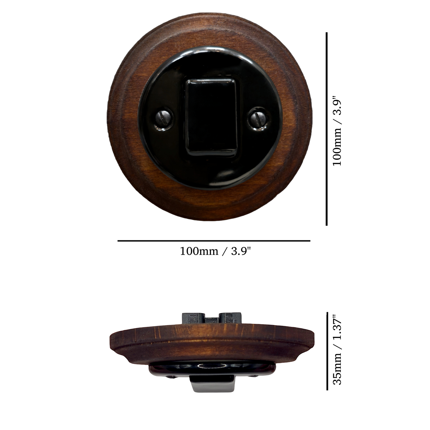 Retro Style Black Ceramic Two-Pole Push Button Switch Flush-Mounted Dark Wood Frame, D100mm