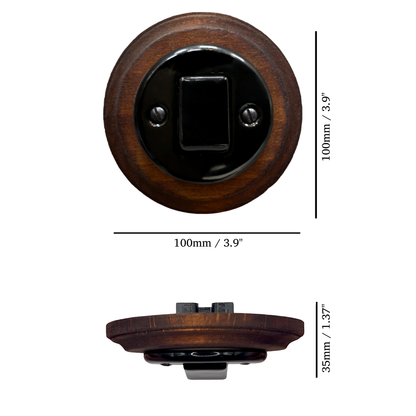 Retro Style Black Ceramic Two-Pole Push Button Switch Flush-Mounted Dark Wood Frame, D100mm