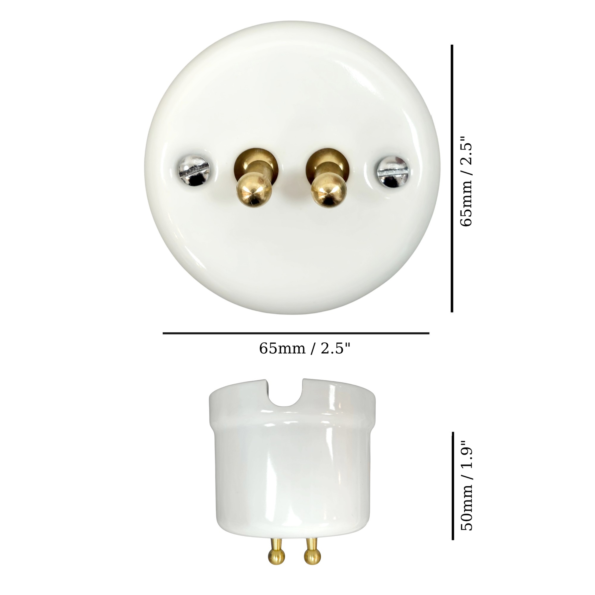 white porcelain 2gang2way toggle switch insert, surface-mount, measurements