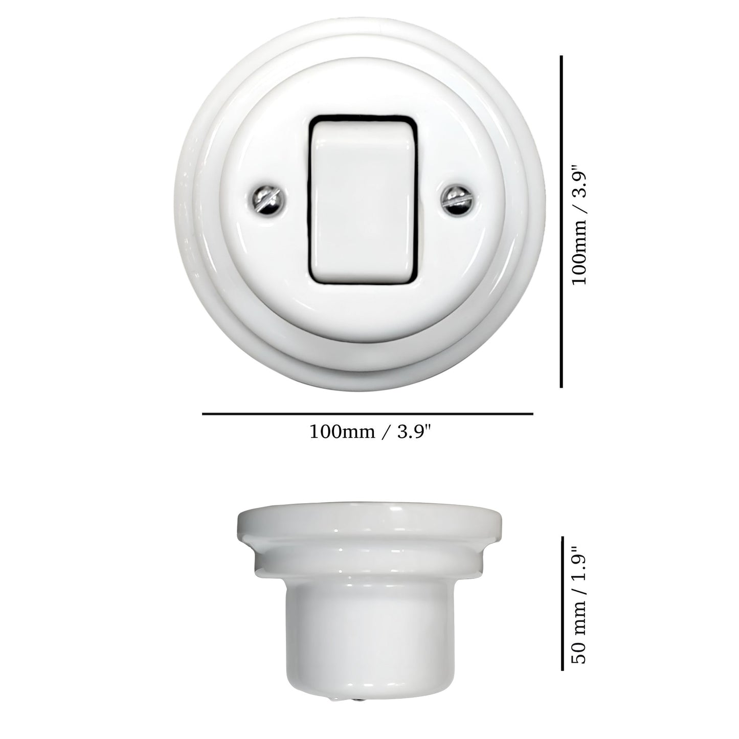 white porcelain intermediate big key light switch, surface-mount, measurements