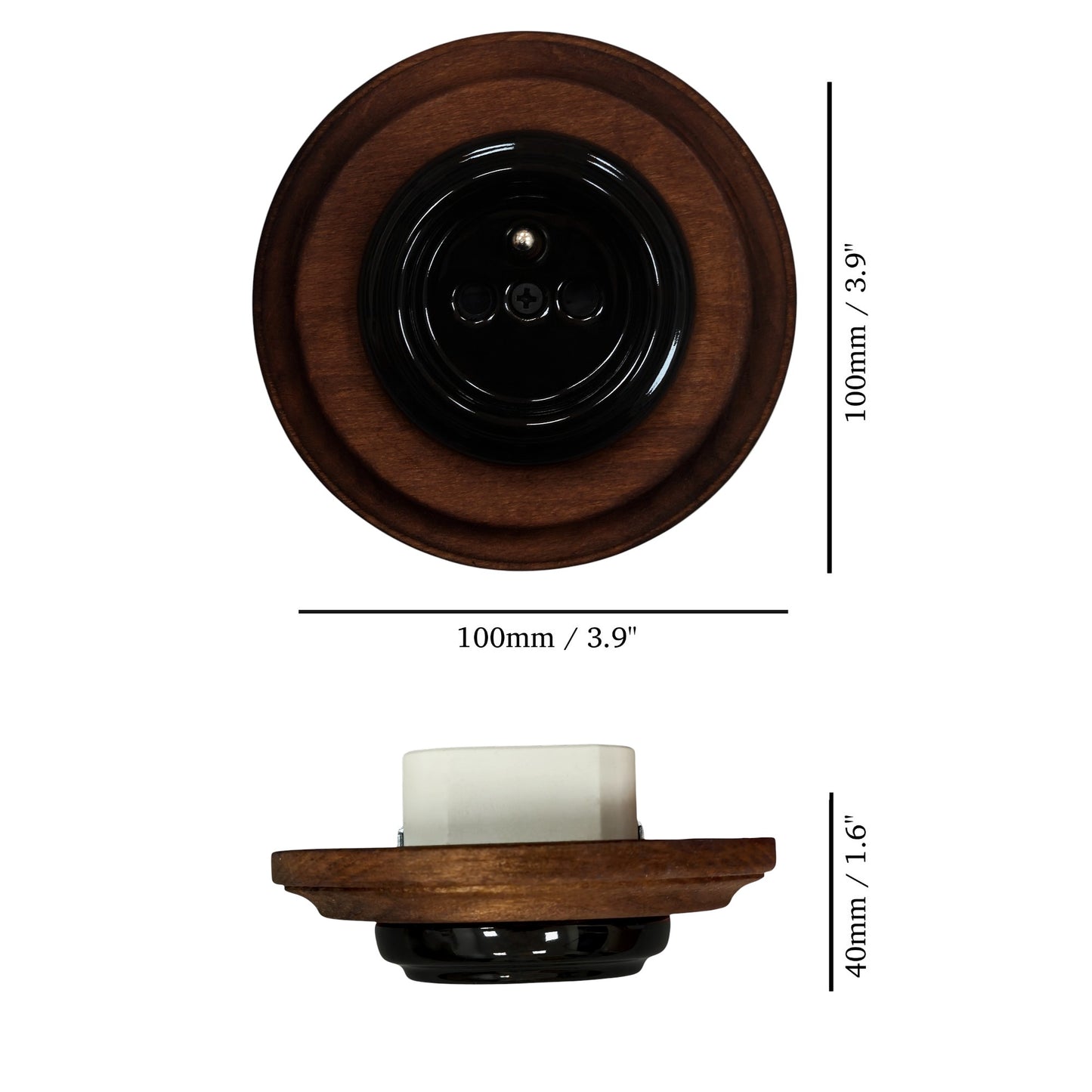 Single Type F porcelain socket with wood frame, black, flush-mounted, measurements