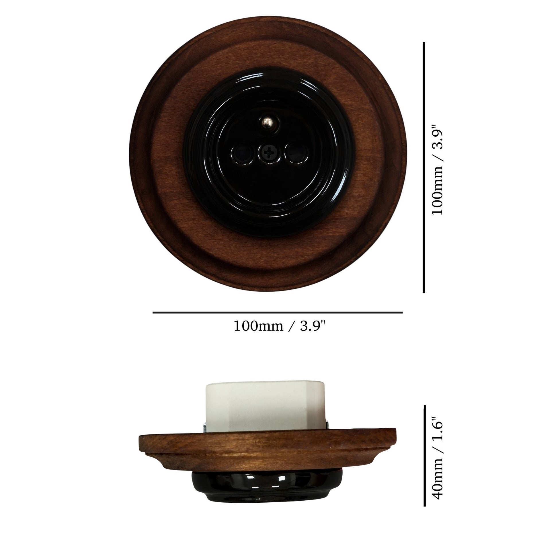 Single Type F porcelain socket with wood frame, black, flush-mounted, measurements