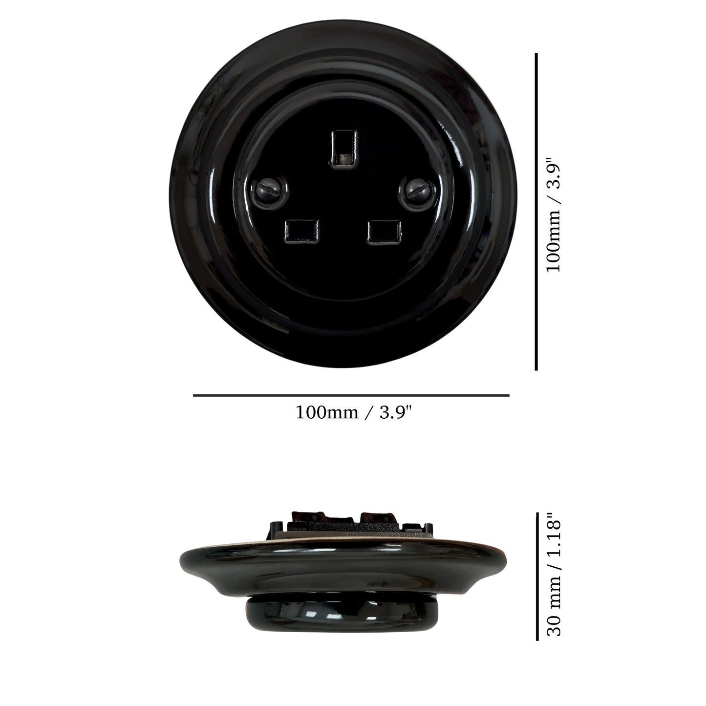 Black porcelain UK Plug Socket, flush-mounted, measurements