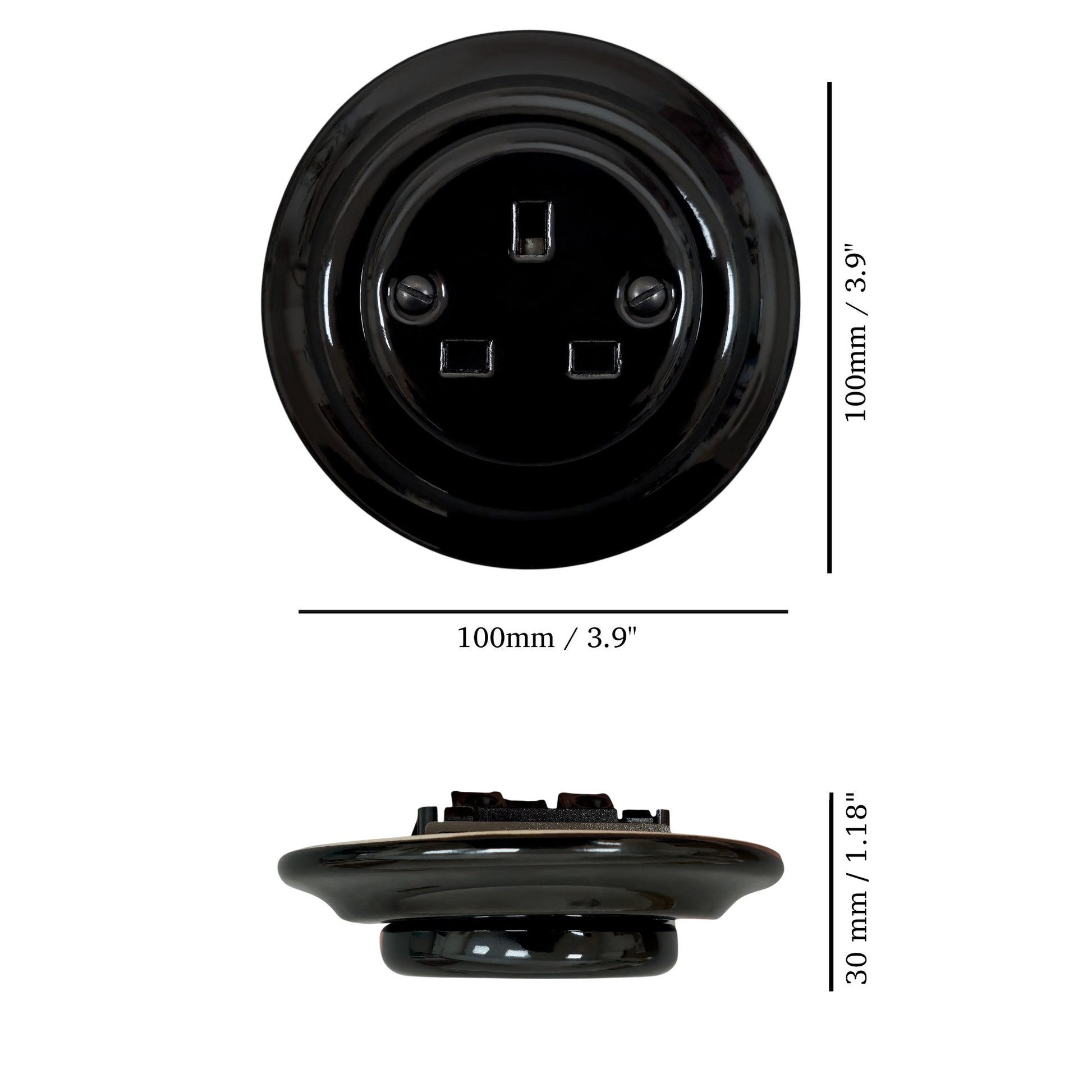 Black porcelain UK Plug Socket, flush-mounted, measurements