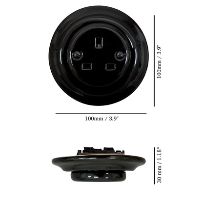 Black porcelain UK Plug Socket, flush-mounted, measurements