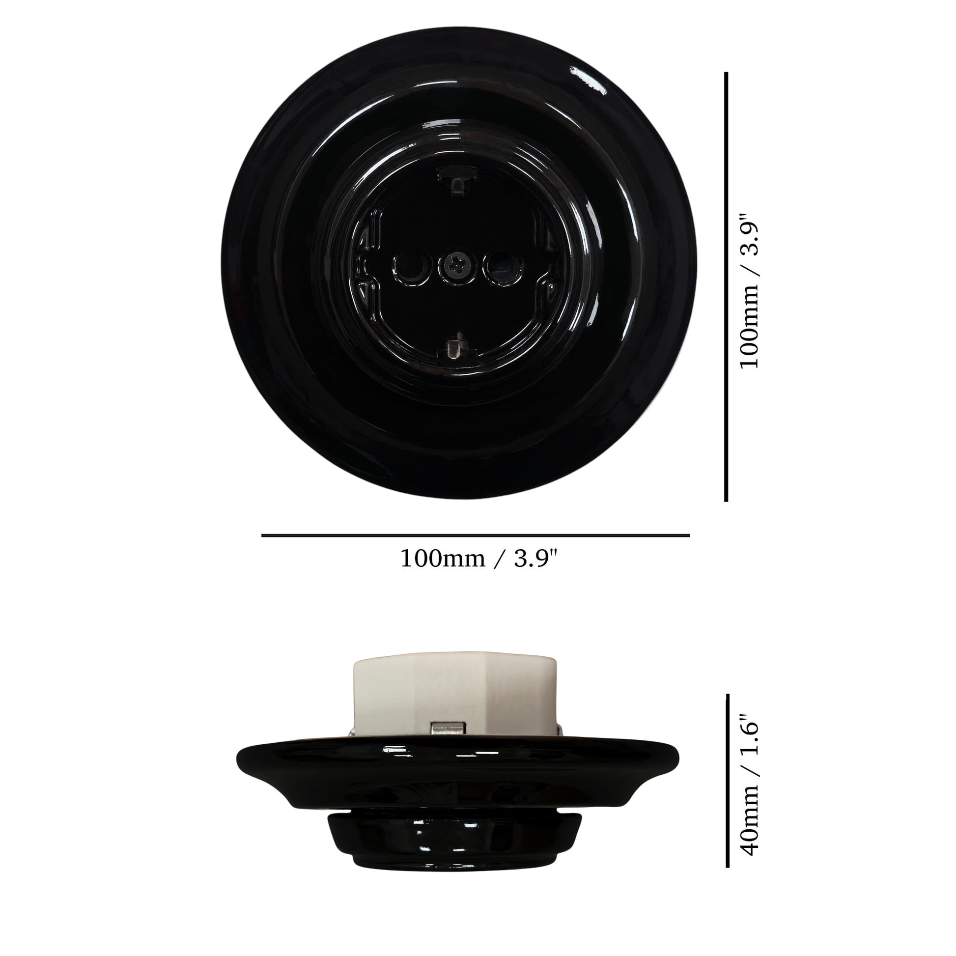 Single SCHUKO porcelain socket, black, surface-mounted, measurements