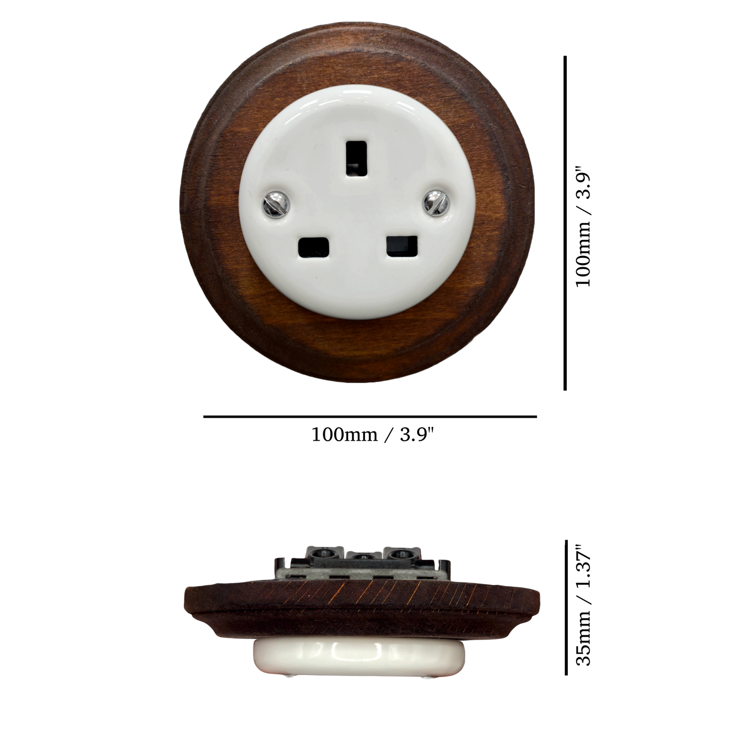 White porcelain UK Plug Socket with dark wood frame, flush-mounted, measurements