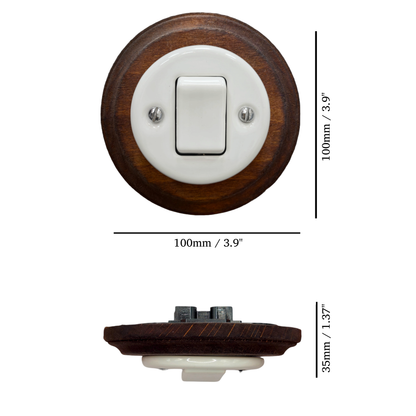 Retro Style White Ceramic Two-Pole Push Button Switch Flush-Mounted Dark Wood Frame, D100mm