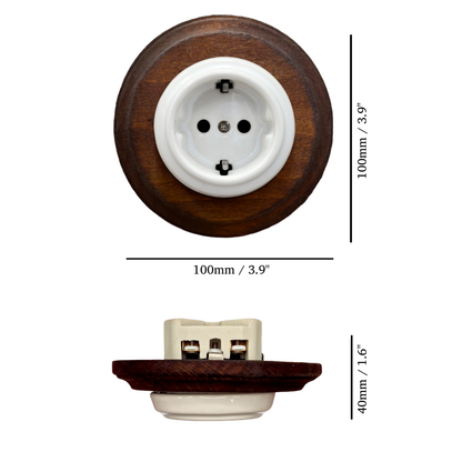Single SCHUKO porcelain socket with dark wooden frame, white, flush-mounted, measurements
