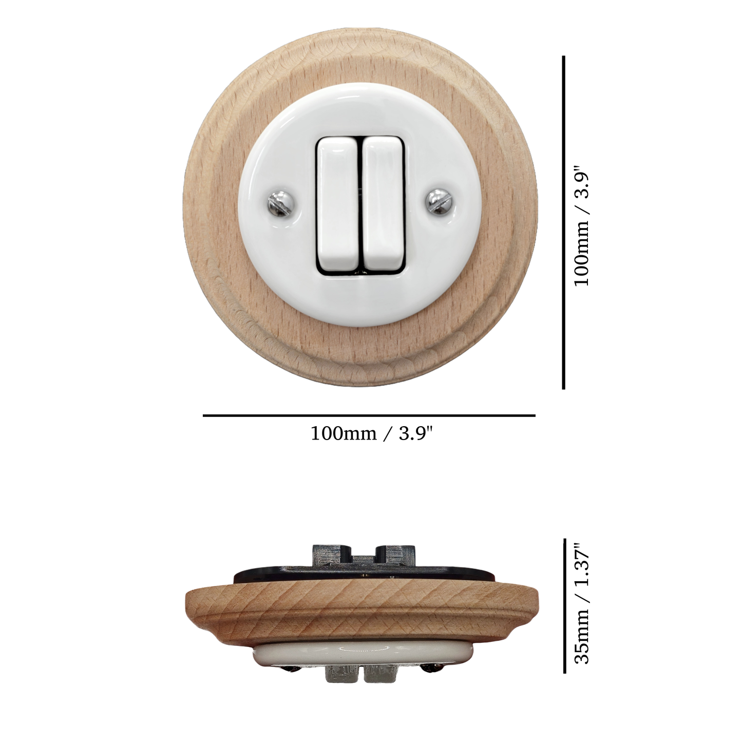 Wooden Frame Porcelain Light Switch Loft Retro 2-gang Two-way Flush-Mounting Vintage Cottage Ceramic Natural Beige With White