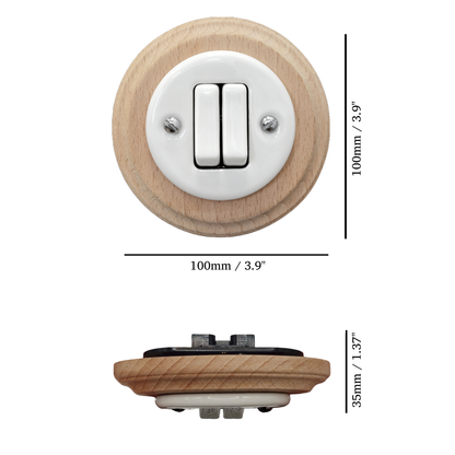 Wooden Frame Porcelain Light Switch Loft Retro 2-gang Two-way Flush-Mounting Vintage Cottage Ceramic Natural Beige With White