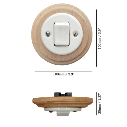 Retro Style White Ceramic Two-Pole Push Button Switch Flush-Mounted Natural Wood Frame, D100mm
