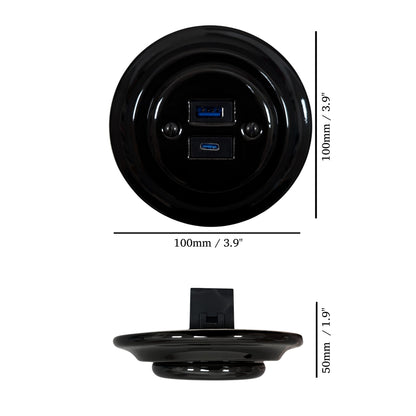 Black porcelain USB A+C charging socket, flush-mounted, measurements