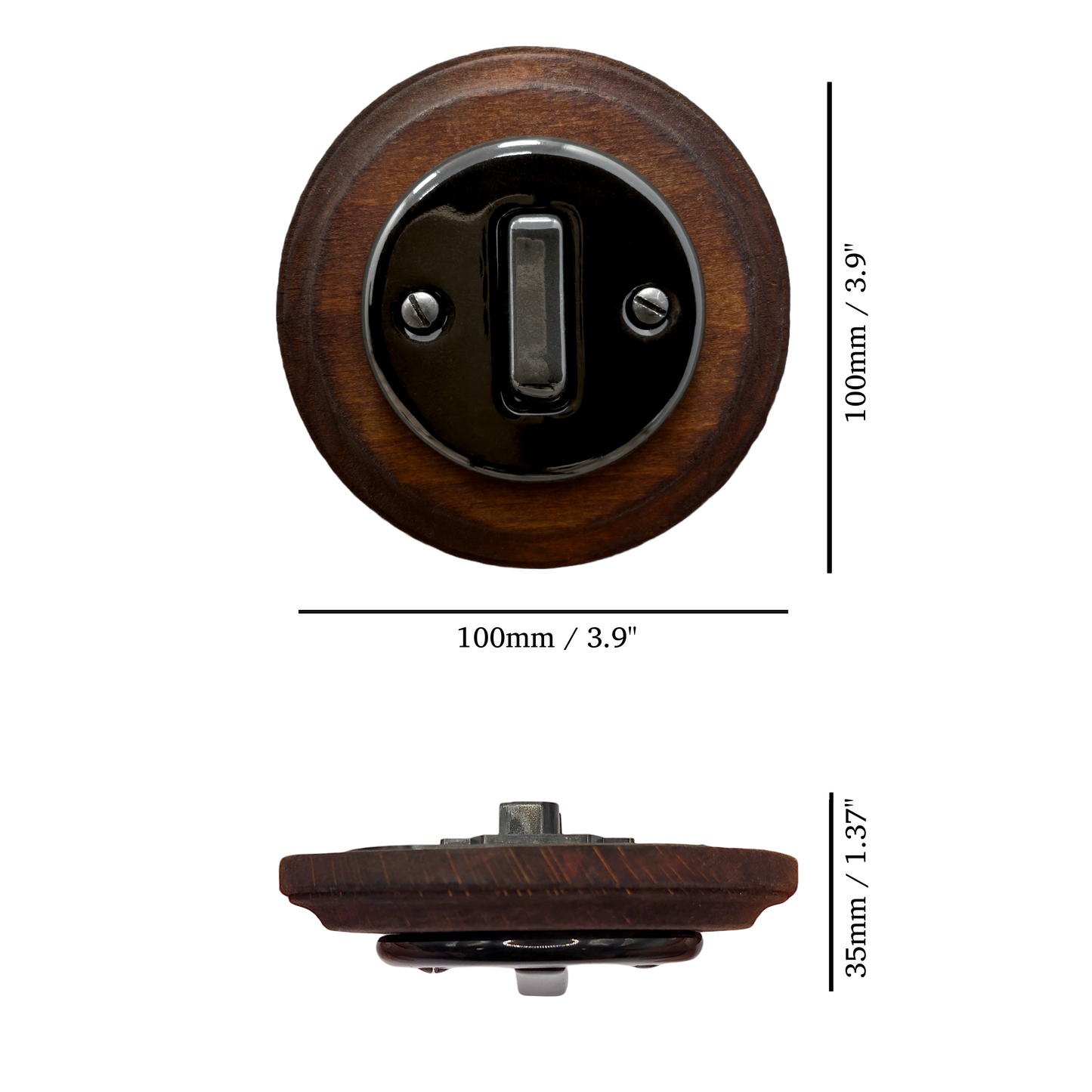 black porcelain 1gang2way light switch dark wood frame, flush-mount, measurements