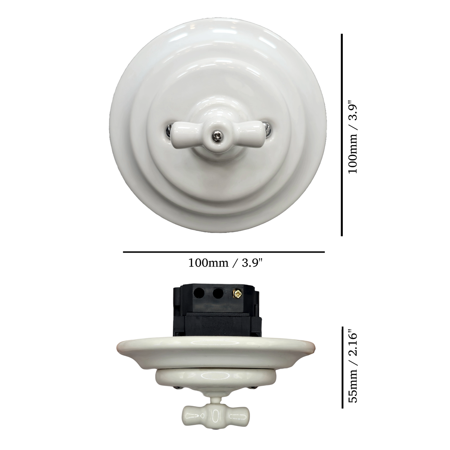 white porcelain double1way rotary switch, flush-mount, measurements