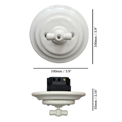 white porcelain double1way rotary switch, flush-mount, measurements