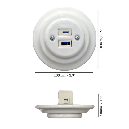 White porcelain USB A+C charging socket, flush-mounted, measurements