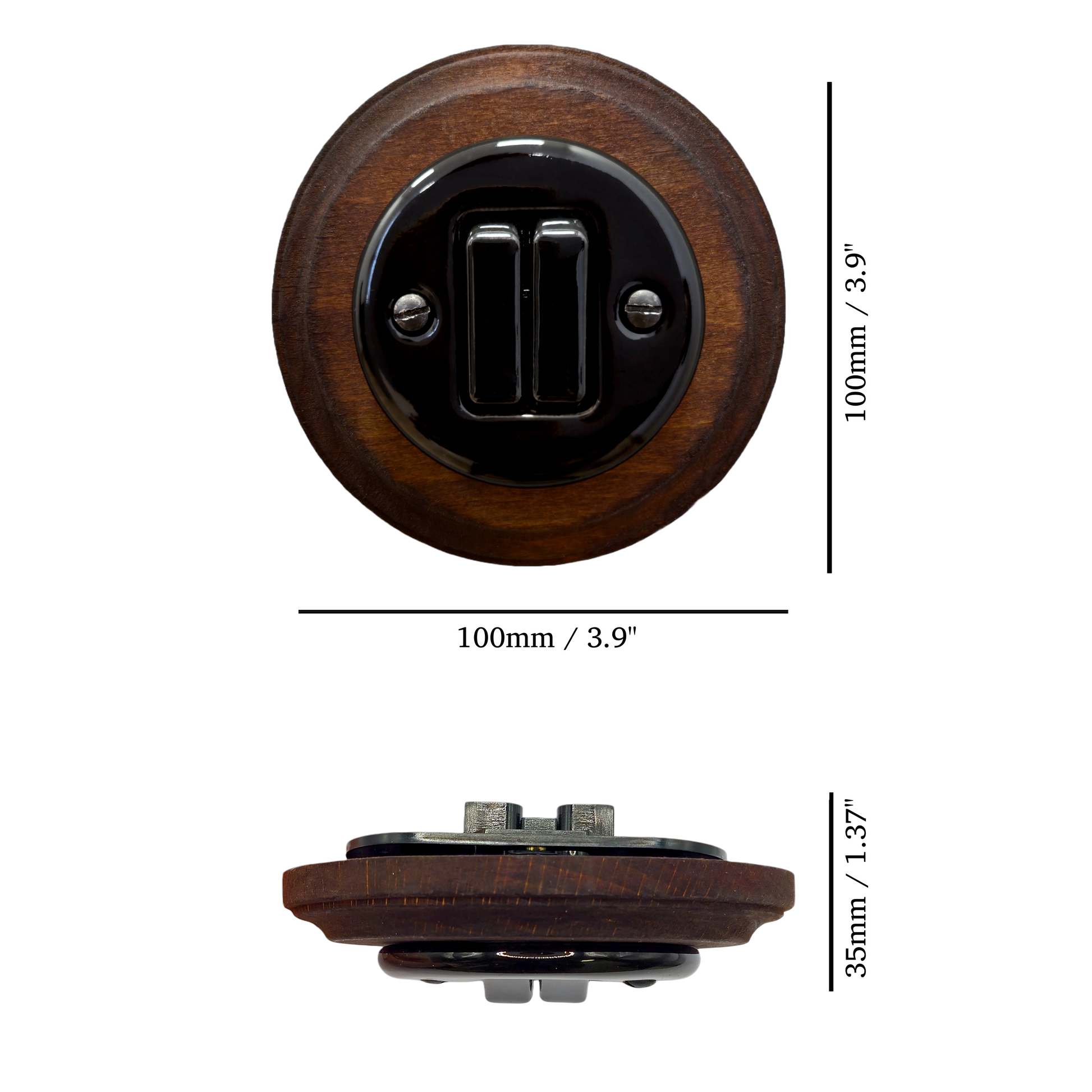 black porcelain 2gang2way light switch dark wood frame, flush-mount, measurements