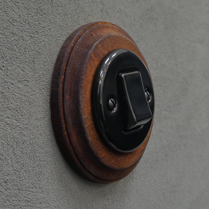 Retro Style Black Ceramic Two-Pole Push Button Switch Flush-Mounted Dark Wood Frame, D100mm