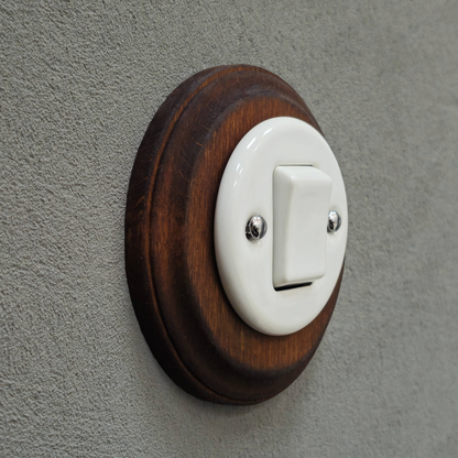 Retro Style White Ceramic Two-Pole Push Button Switch Flush-Mounted Dark Wood Frame, D100mm