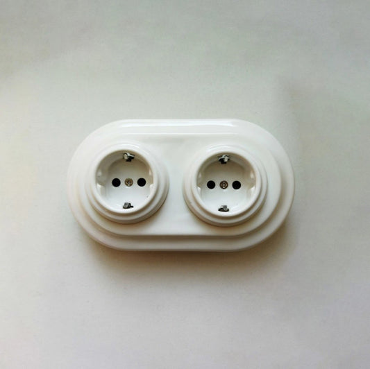 Double Power Socket Porcelain Loft Retro Electrical German Schuko Flush-Mounting Vintage Cottage Ceramic White