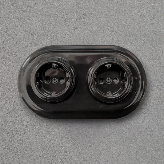 Double Power Socket Porcelain Loft Retro Electrical German Schuko Flush-Mounting Vintage Cottage Ceramic Black