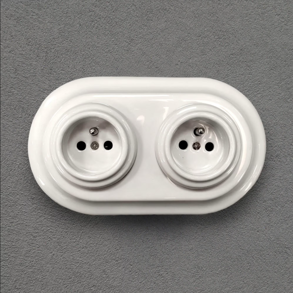 Double Power Socket Porcelain Loft Retro Electrical French Flush-Mounting Vintage Cottage Ceramic White
