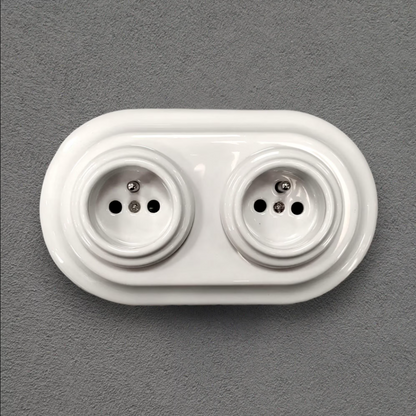 Double Power Socket Porcelain Loft Retro Electrical French Flush-Mounting Vintage Cottage Ceramic White