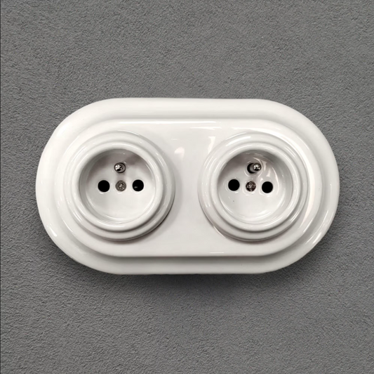 Double Power Socket Porcelain Loft Retro Electrical French Flush-Mounting Vintage Cottage Ceramic White