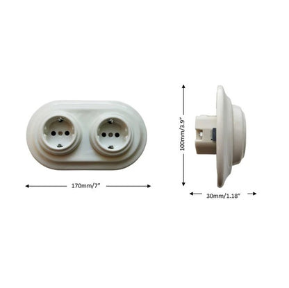 Double Power Socket Porcelain Loft Retro Electrical German Schuko Flush-Mounting Vintage Cottage Ceramic White