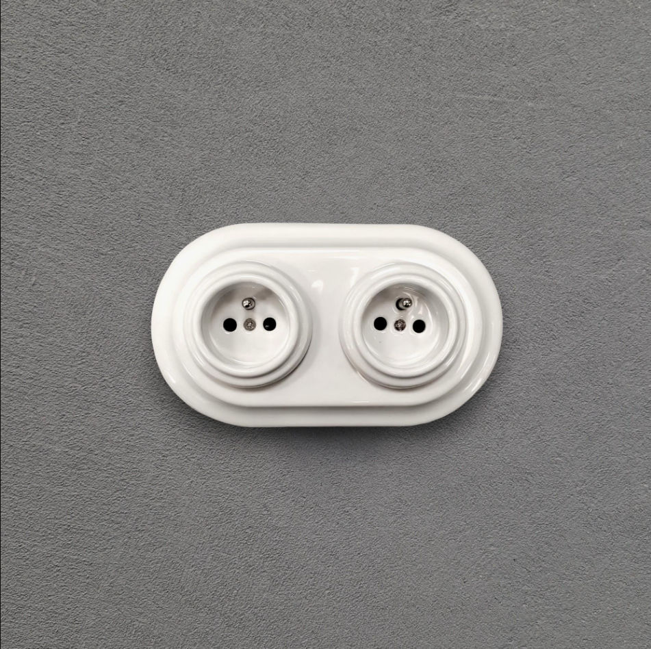 Double Power Socket Porcelain Loft Retro Electrical French Flush-Mounting Vintage Cottage Ceramic White