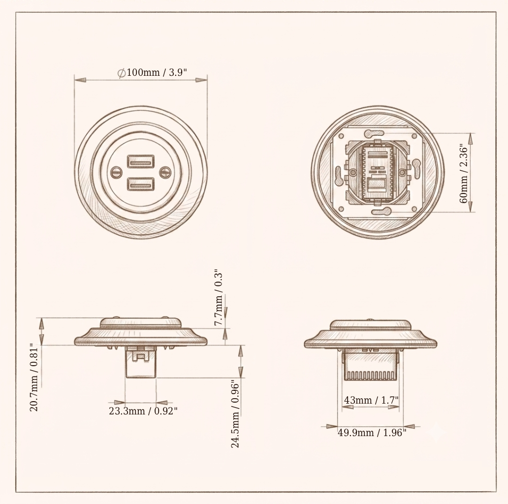 Flush Mount USB A+C Charging Socket – Single in Black Porcelain