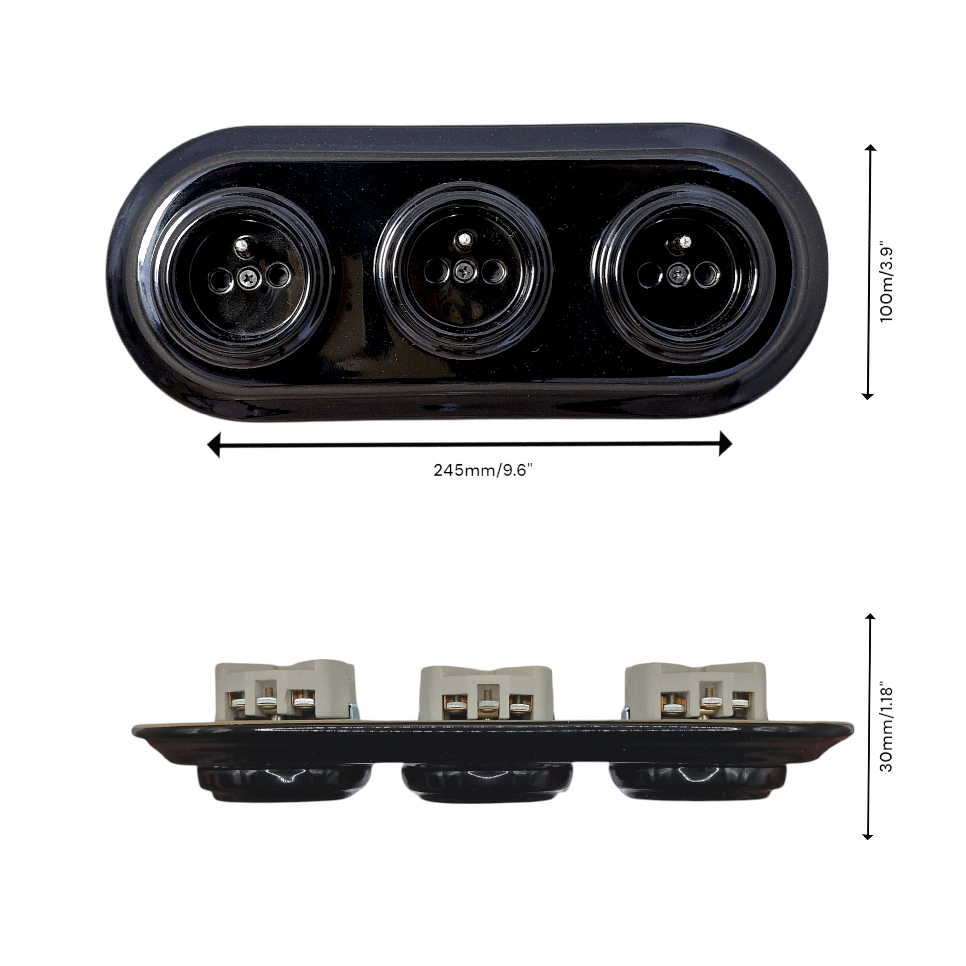 Triple black French porcelain socket, flush-mount, measurements
