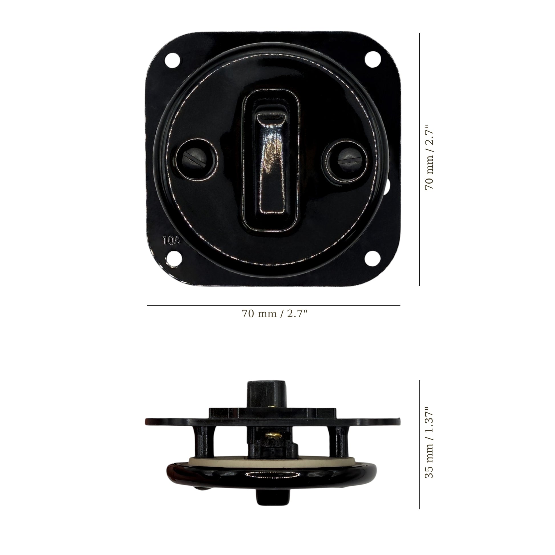 black porcelain 1gang2pole light switch insert, flush-mount, measurements