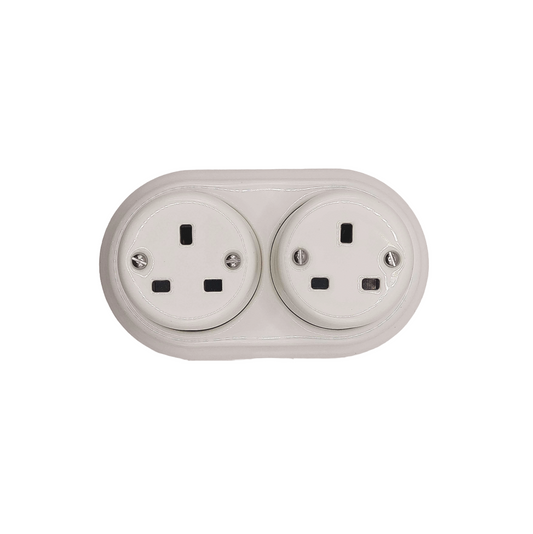 Surface Mounting Double Power Socket Porcelain Loft Retro Electrical UK 3 Prong Surface Mounted Vintage Cottage Ceramic White