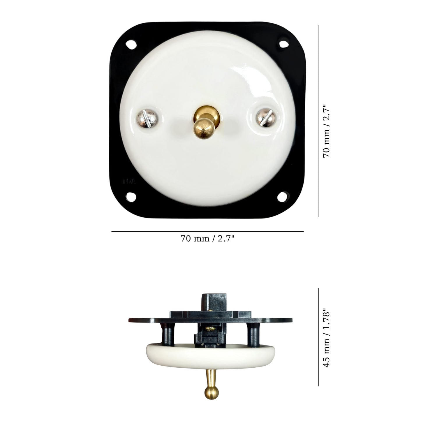 white porcelain 1gang2pole toggle light switch insert, flush-mount, measurements