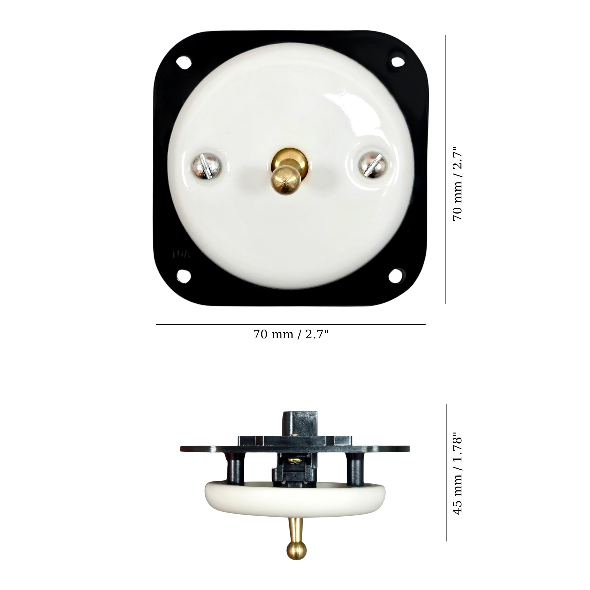 white porcelain 1gang2pole toggle light switch insert, flush-mount, measurements