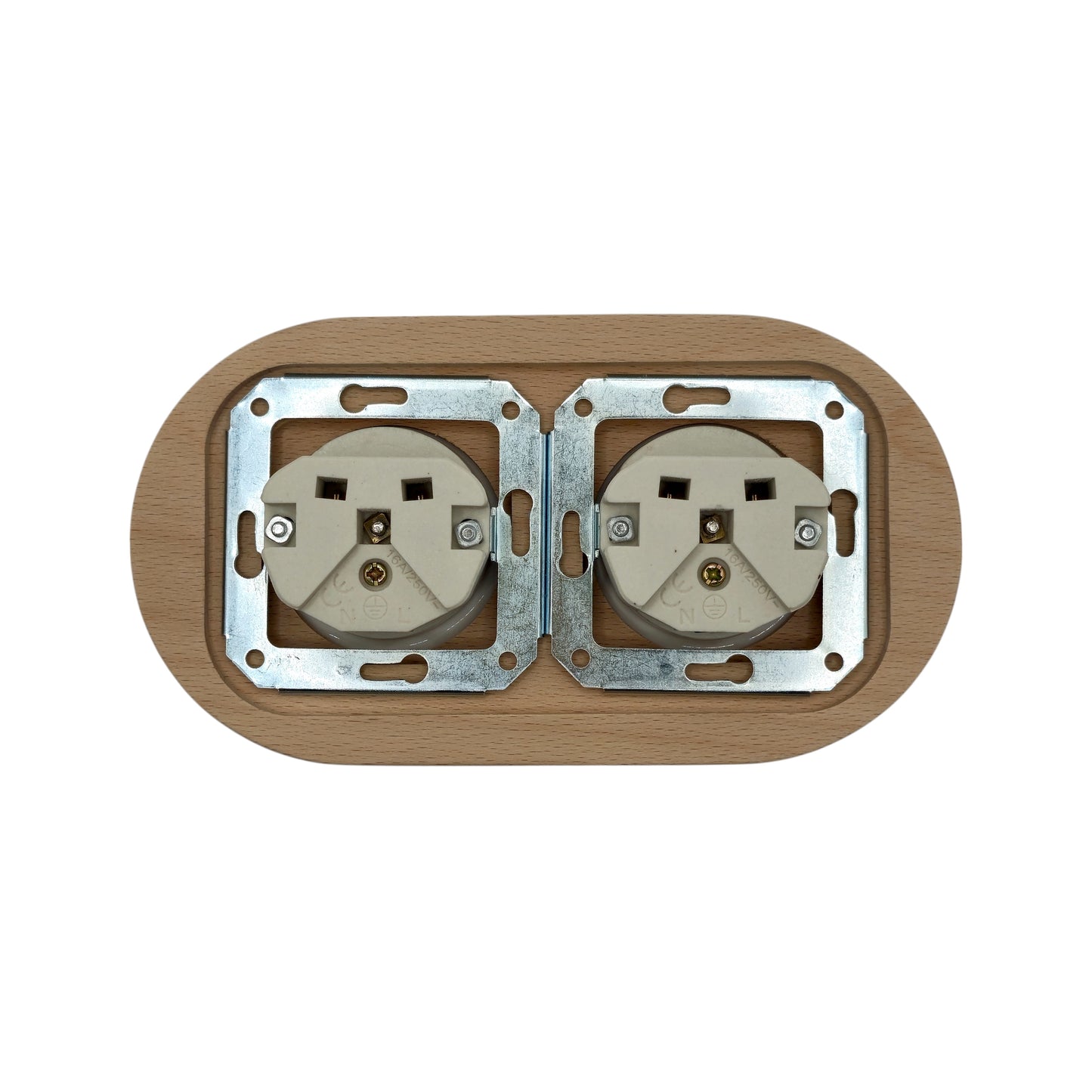 Flush Mount French Socket (Type E) – Double Outlet with Earth Pin in White Porcelain & Light Wood
