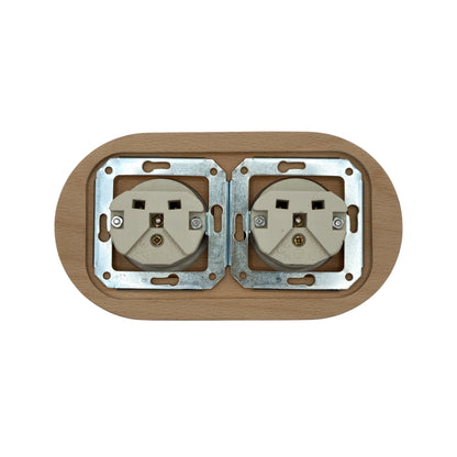 Flush Mount French Socket (Type E) – Double Outlet with Earth Pin in White Porcelain & Light Wood