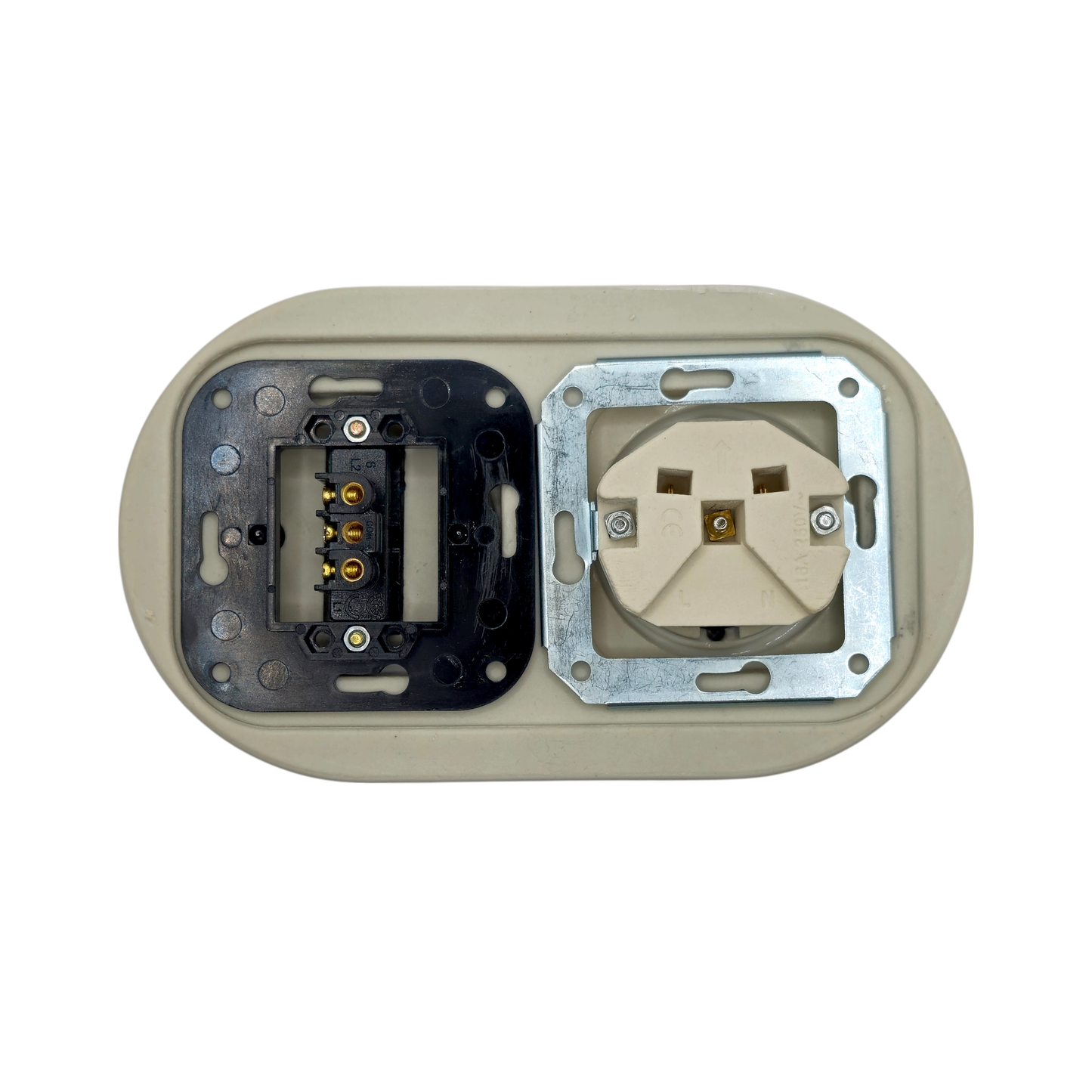 Flush Mount Schuko (Type F) Socket + Rocker Light Switch SET with Side Earth Clips in White Porcelain