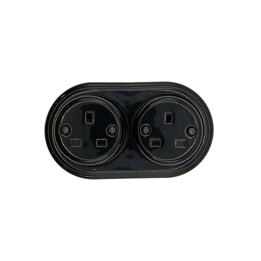 Surface Mounting Double Power Socket Porcelain Loft Retro Electrical UK 3 Prong Surface Mounted Vintage Cottage Ceramic Black