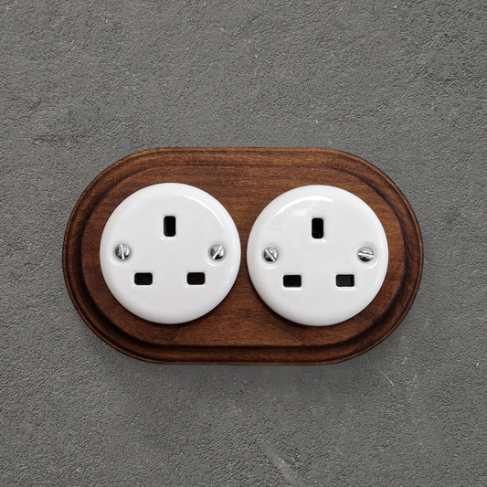 Retro style White Ceramic Double UK Type socket Plug UK 3 Prong Flushed-Mounted Vintage Cottage Dark Wood Frame