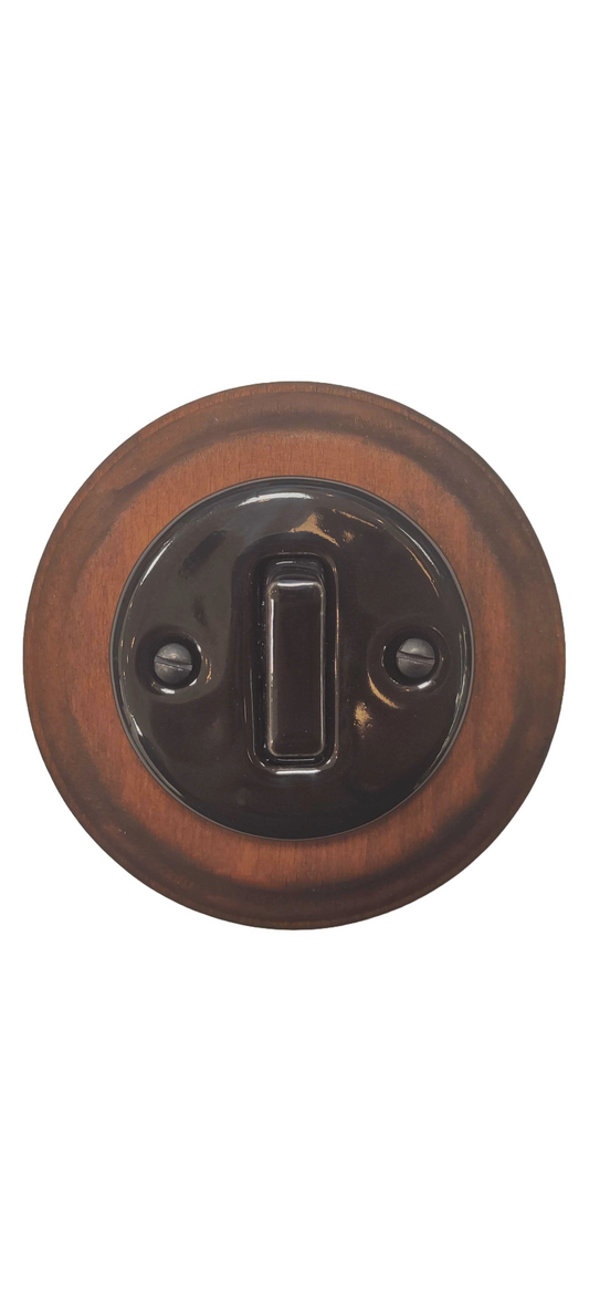 Wooden Frame Porcelain Light Switch Loft Retro 1-gang Two-way Flush-Mounting Vintage Cottage Ceramic Dark Brown With Black