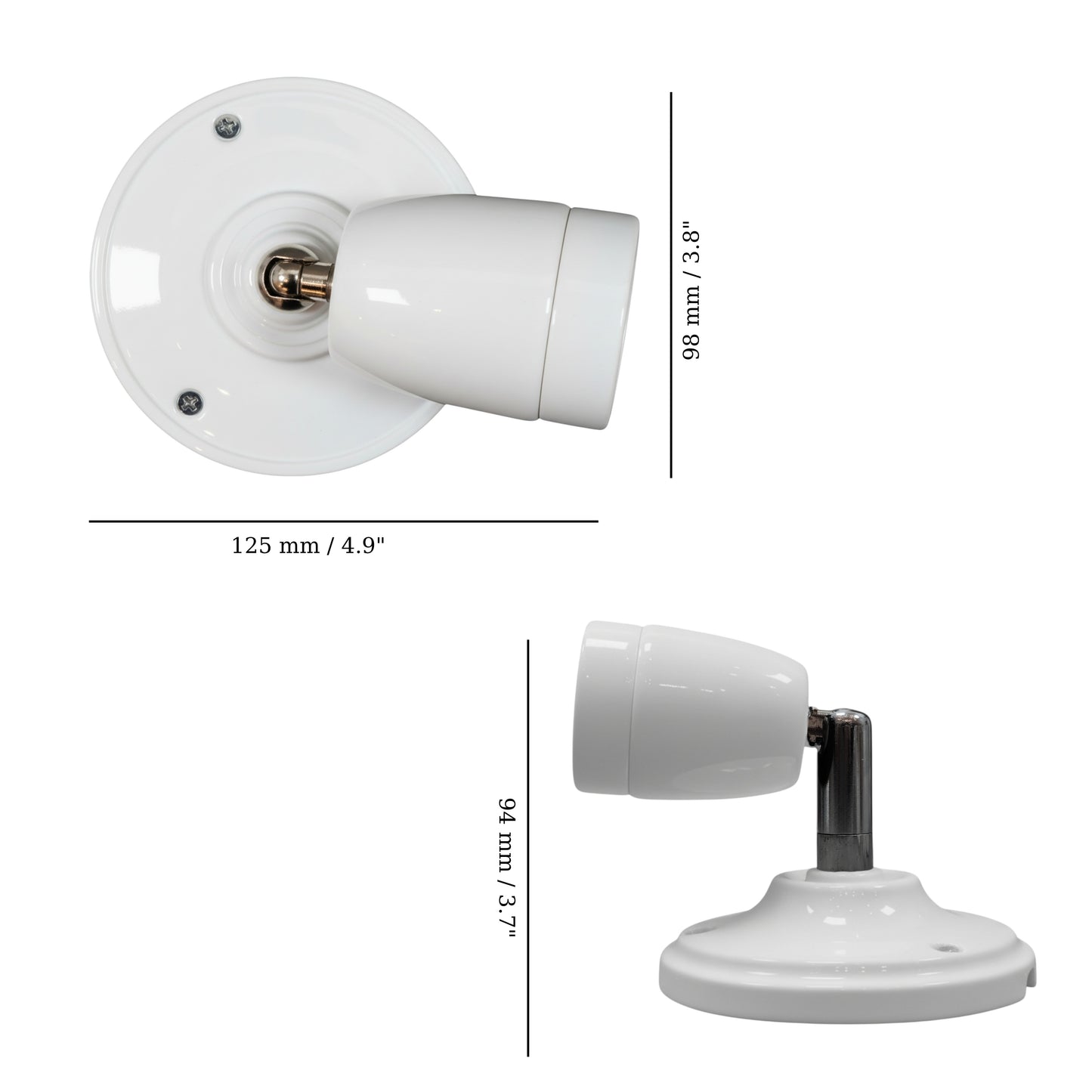 white porcelain adjustable E27 lamp holder, wall mount, measurements