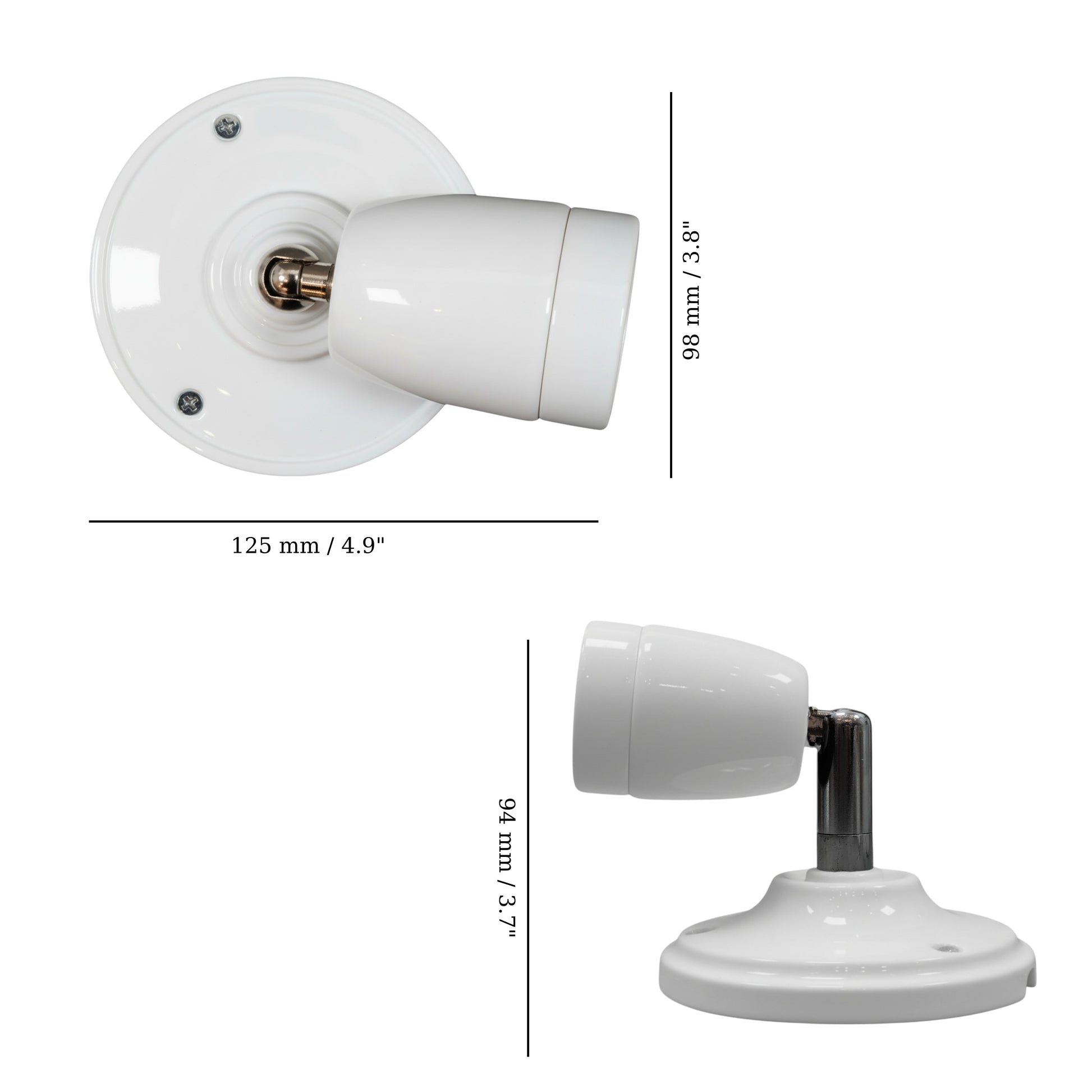 white porcelain adjustable E27 lamp holder, wall mount, measurements
