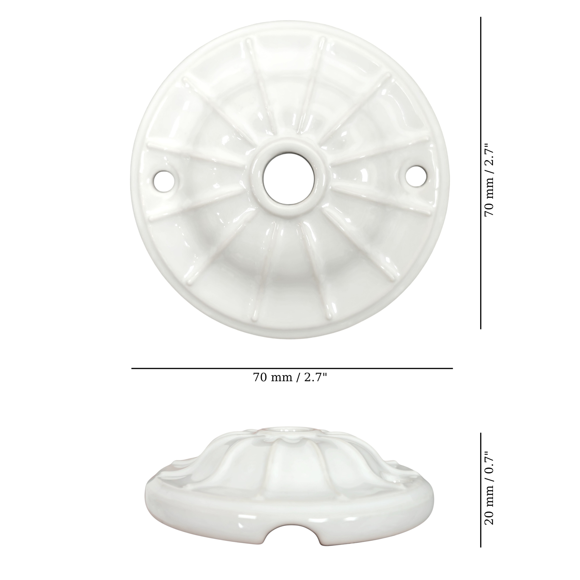 white porcelain lined ceiling rose 70x20mm, measurements
