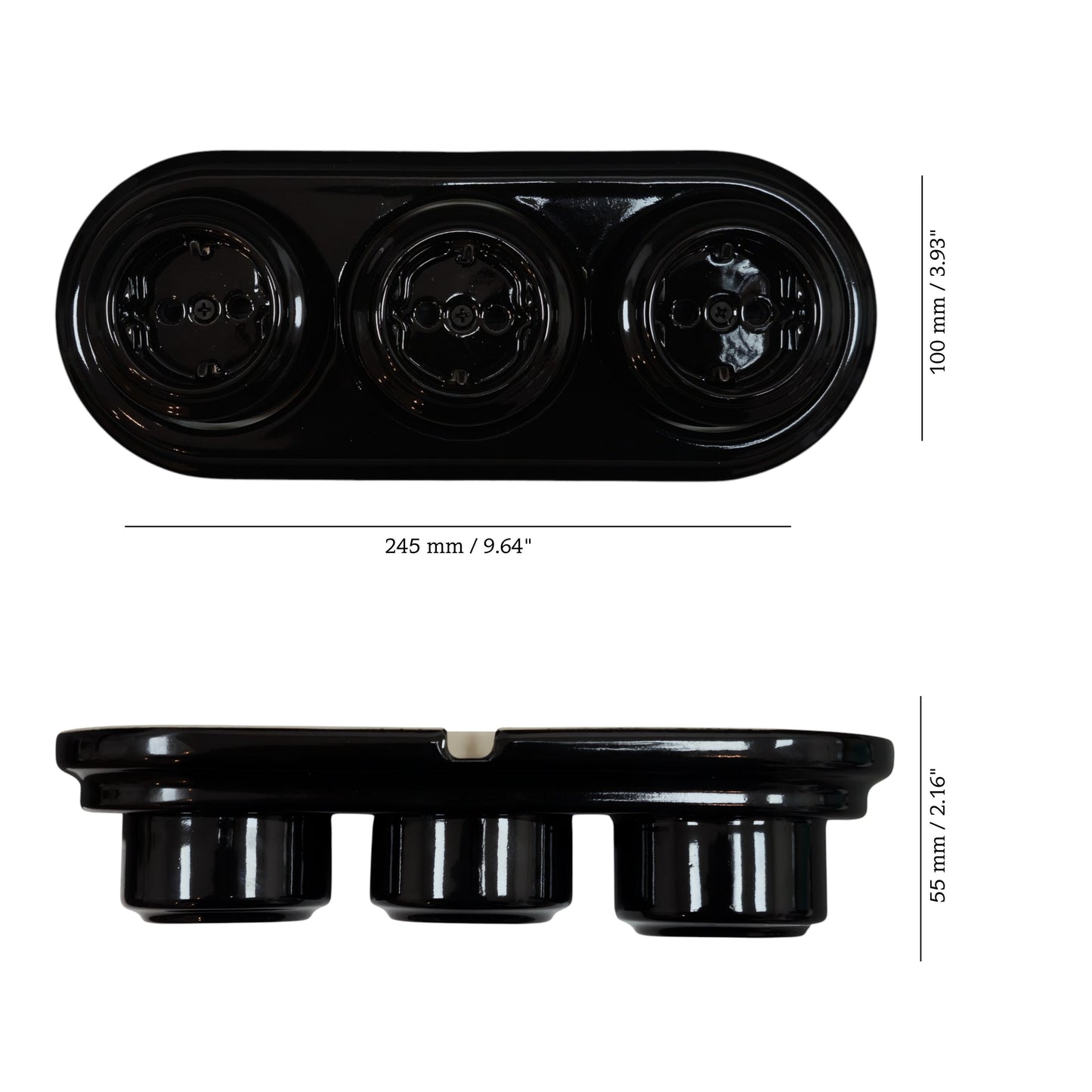 Triple SCHUKO porcelain socket, black, surface-mounted, measurements