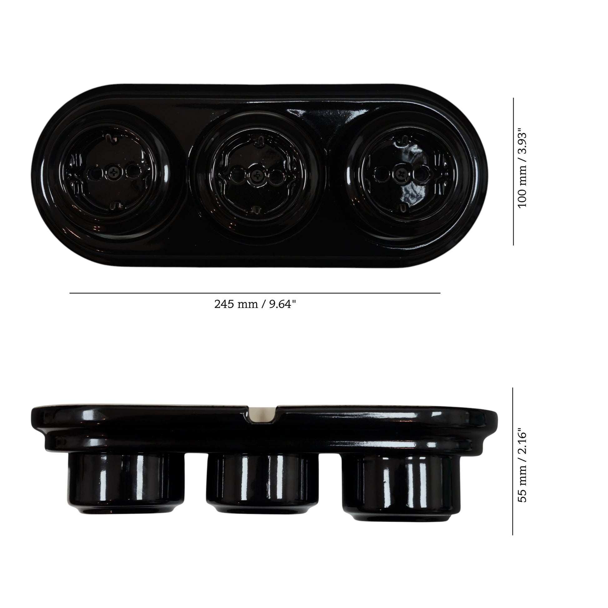 Triple SCHUKO porcelain socket, black, surface-mounted, measurements